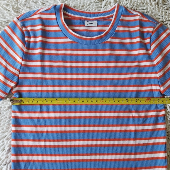 Sunday Best blue & orange striped short sleeve shirt- size small - Picture 2 of 6